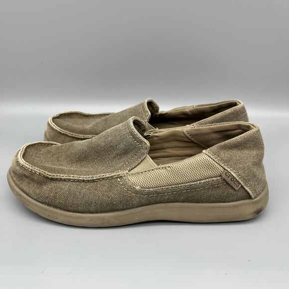 Crocs Kids j6 Beige Canvas Loafer Santa Cruz 2 Slip-On Moc Toe Comfort Shoes - Picture 4 of 8